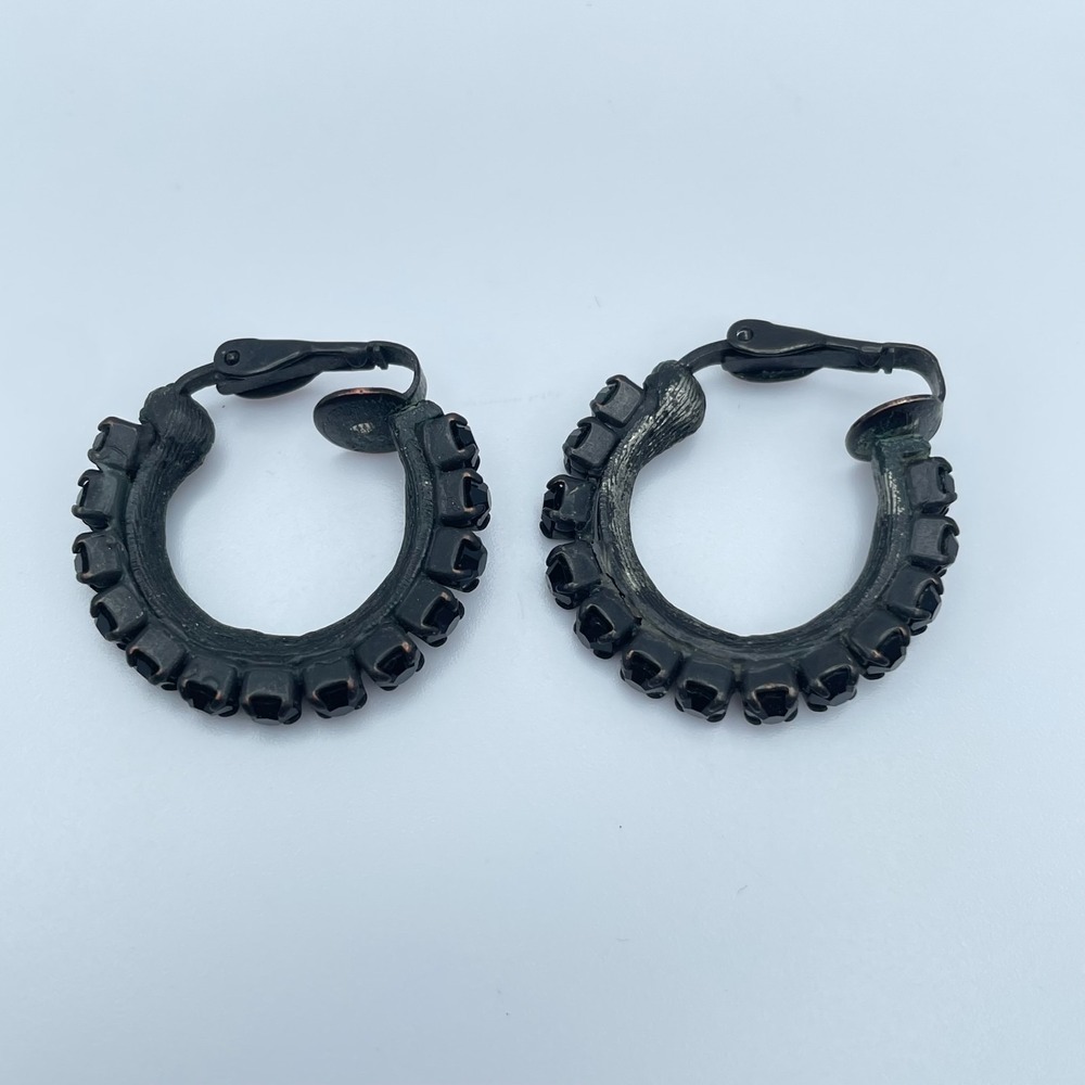 Vintage 80s Black Rhinestone Hoop Earrings Gothic Midnight Retro Fashion Jewelry